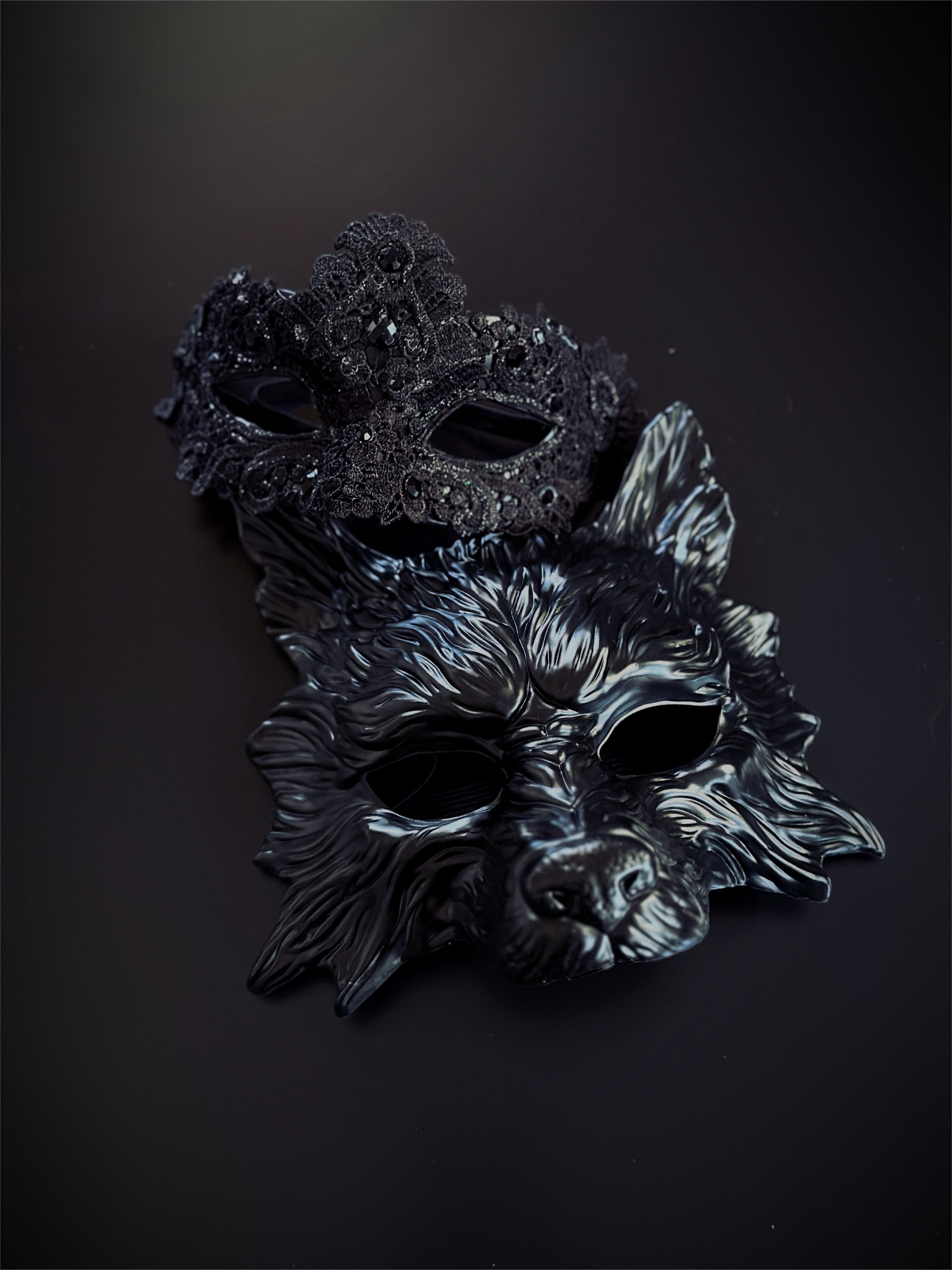 Black wolf and lace masquerade couples masks with dark crystal detailing