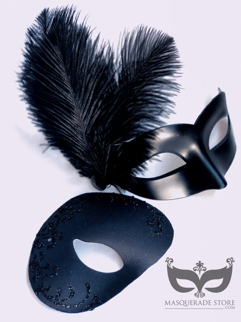 Black couples masquerade mask set with matte feathered mask and glitter lace mask.