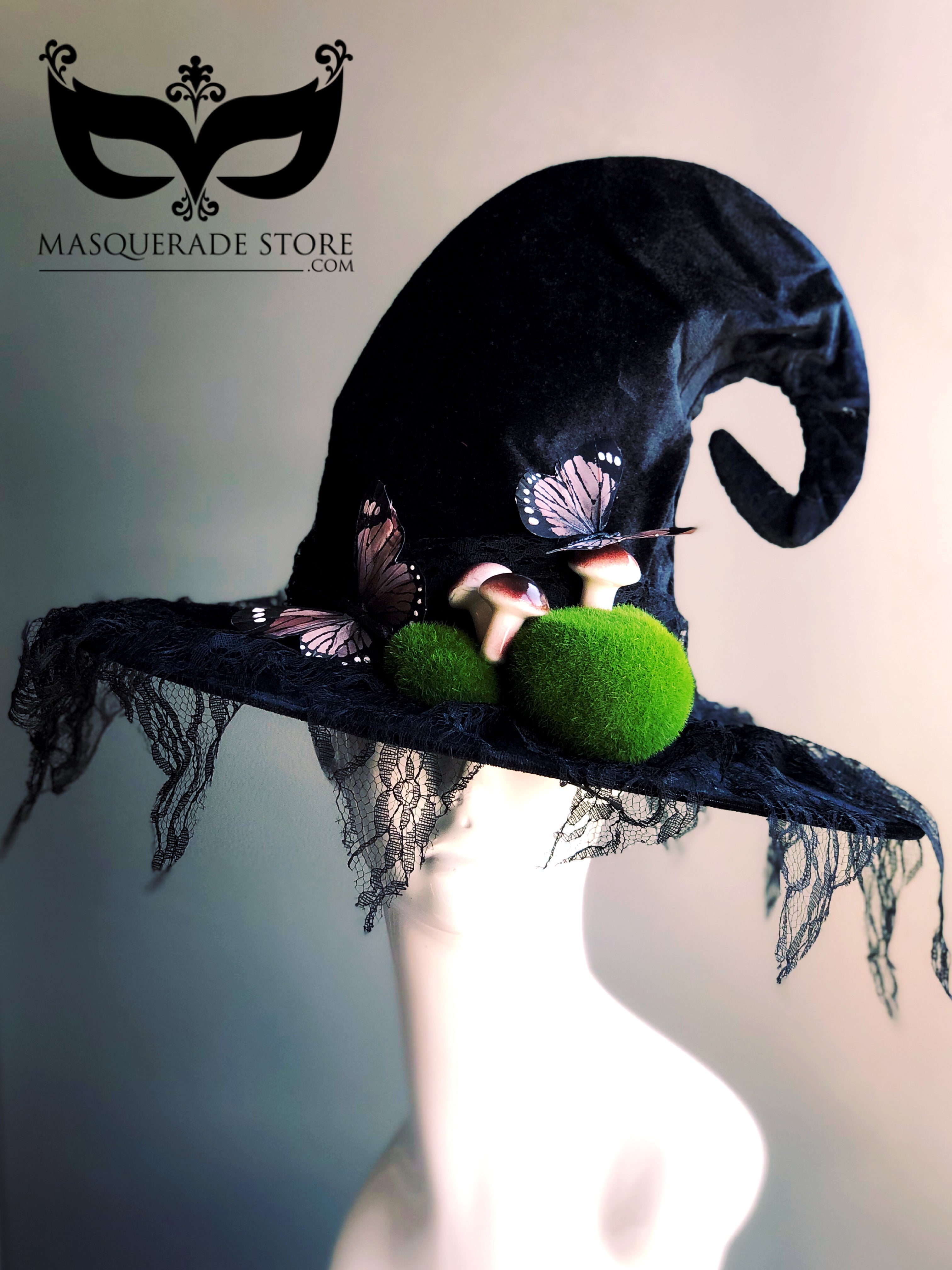 Mushroom and moss witch hat with lace trim and butterfly accents, perfect for Halloween or costume parties.