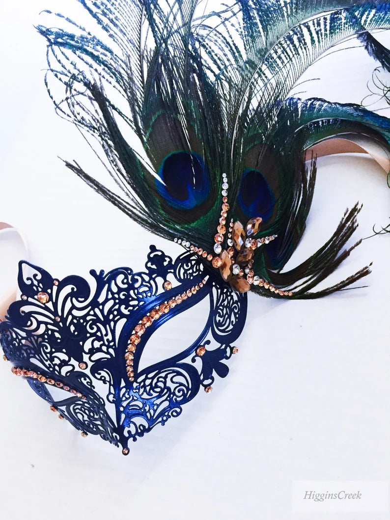 Elegant navy masquerade mask with peacock feathers and rhinestones, Venetian-style mask for women’s parties.