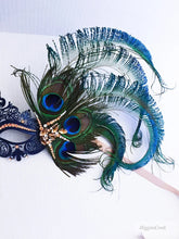 Elegant navy masquerade mask with peacock feathers and rhinestones, Venetian-style mask for women’s parties.