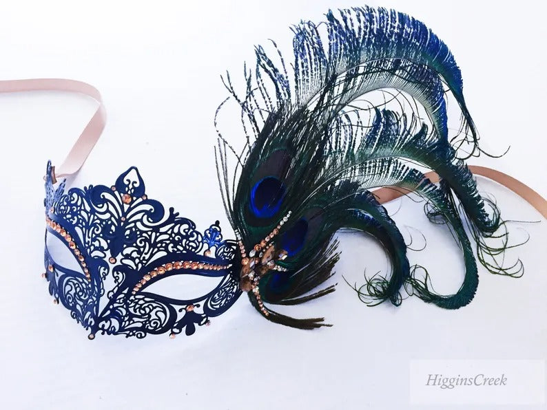 Elegant navy masquerade mask with peacock feathers and rhinestones, Venetian-style mask for women’s parties.