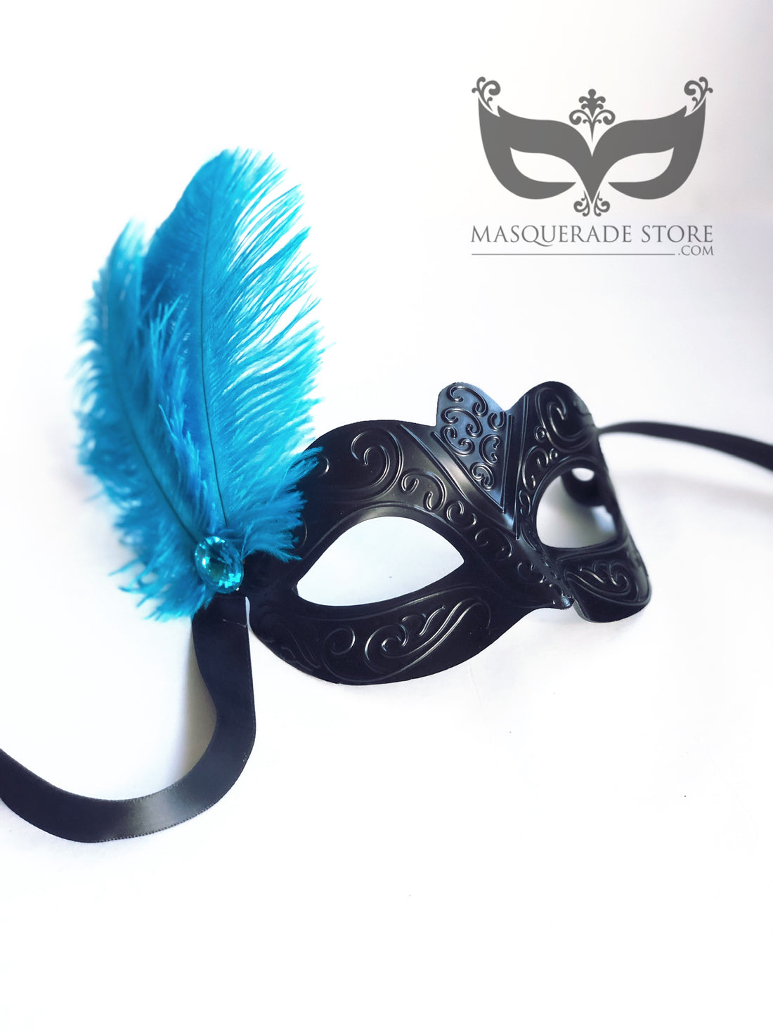 Elegant black Venetian mask with intricate filigree, a vibrant blue feather, and gemstone accent, perfect for masquerade events and costume parties.