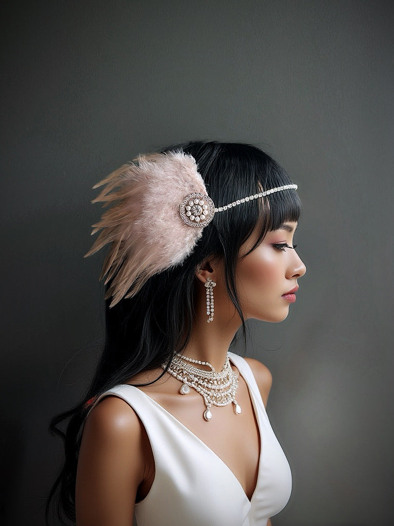 Pink feather 1920s flapper headband with pearls and rhinestones, perfect for Gatsby-themed events.
