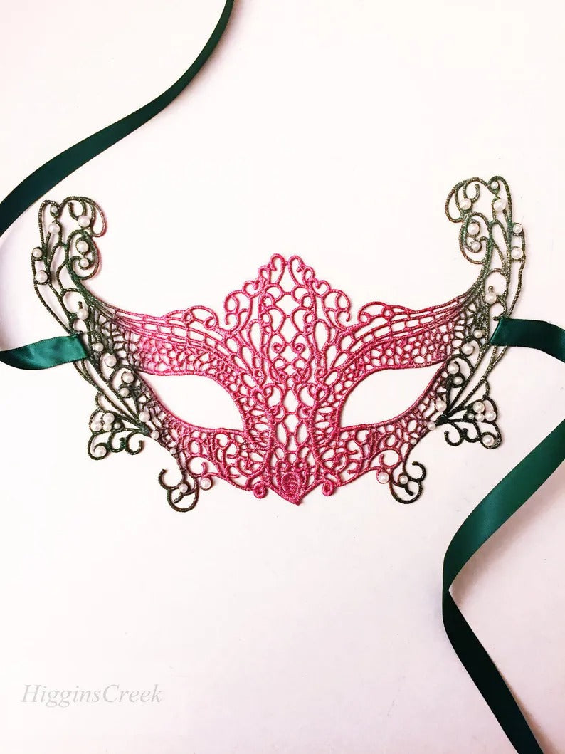 Pink green lace masquerade mask for women, Venetian lace mask with satin ties, perfect for masquerade ball, prom, wedding, and Halloween costumes.