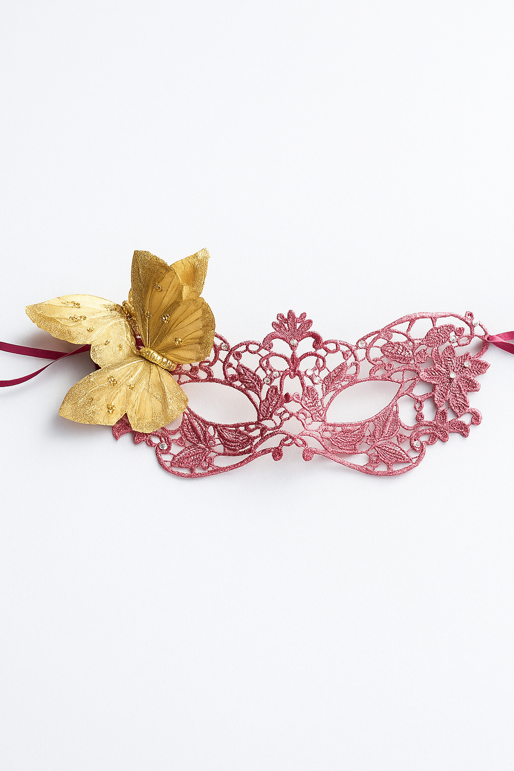 Pink lace masquerade mask with gold butterfly accent, elegant lace mask for women, prom, masquerade balls, and costume parties.