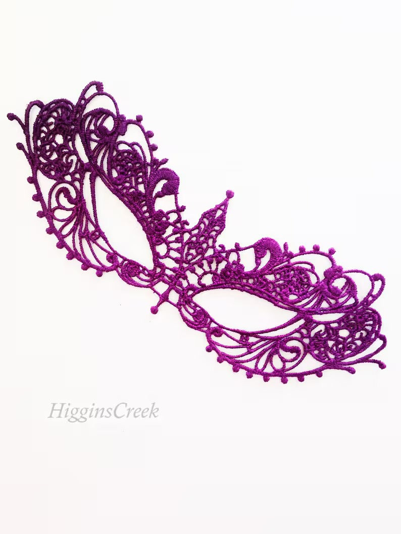 Purple lace masquerade mask with satin ties, Venetian style lace eye mask for women, perfect for masquerade ball, prom, and costume parties.