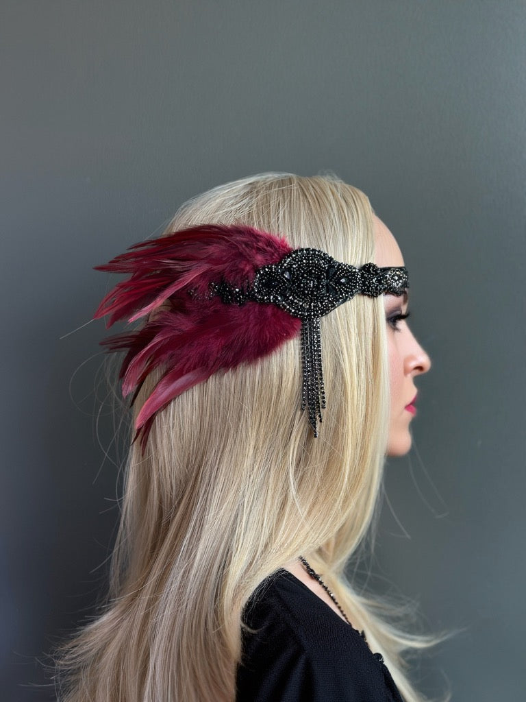 Red and black feather Gatsby headband with intricate beadwork and tassels, perfect for Gatsby-themed events and weddings.