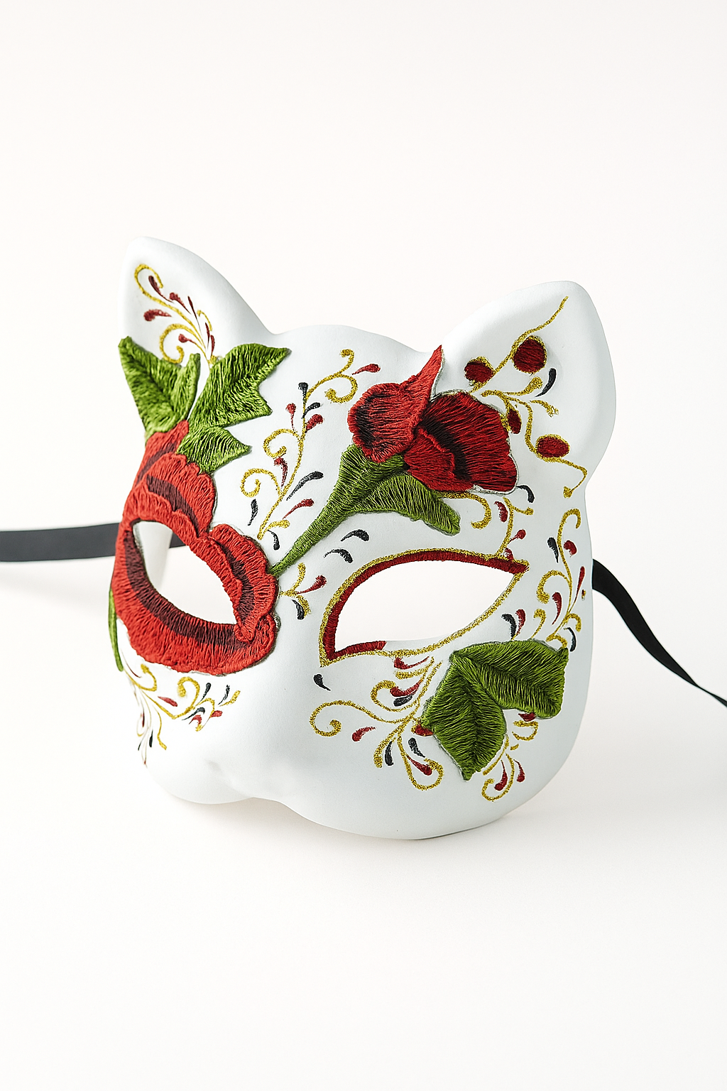 Red floral embroidered cat mask for masquerade, cosplay, and Halloween costumes.