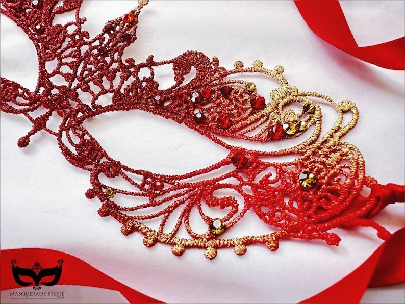 Red and gold lace masquerade mask with glitter accents and satin ribbon ties, Venetian-style lace mask for prom, weddings, parties, and Halloween.