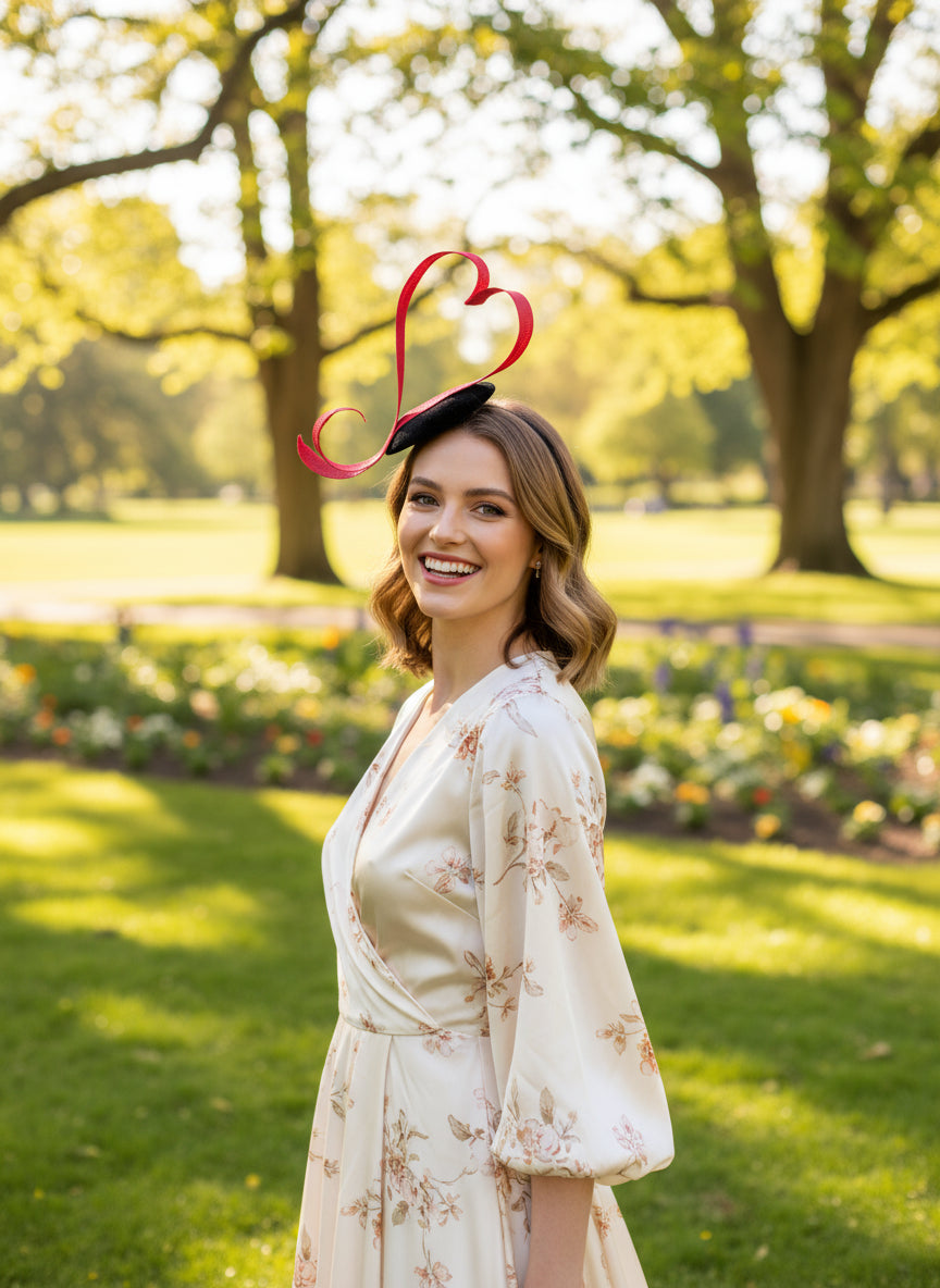 Red heart fascinator hat with sculpted ribbon design.