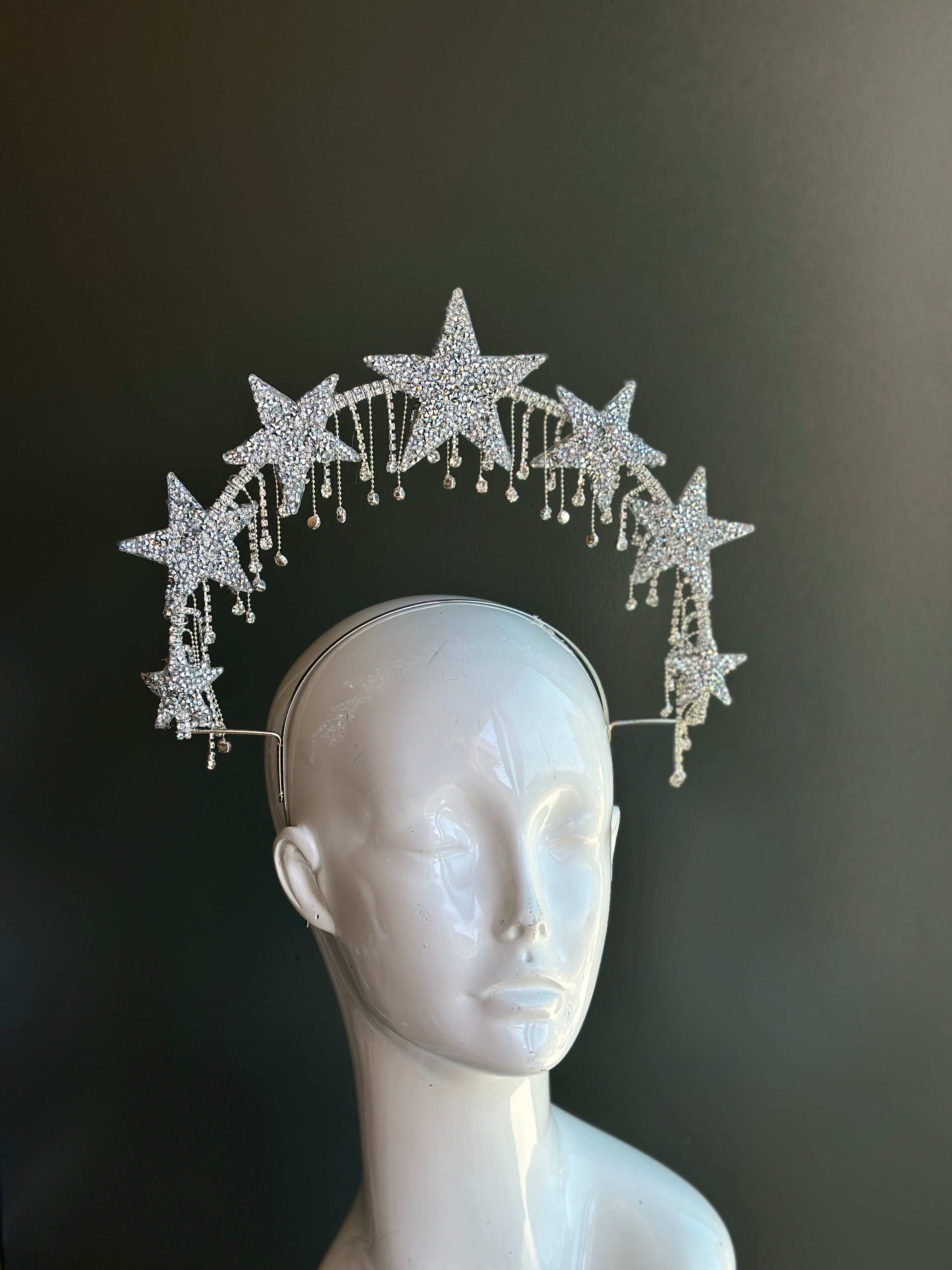Crystal rhinestone star halo headpiece with dangling gems for celestial-themed costume or event.