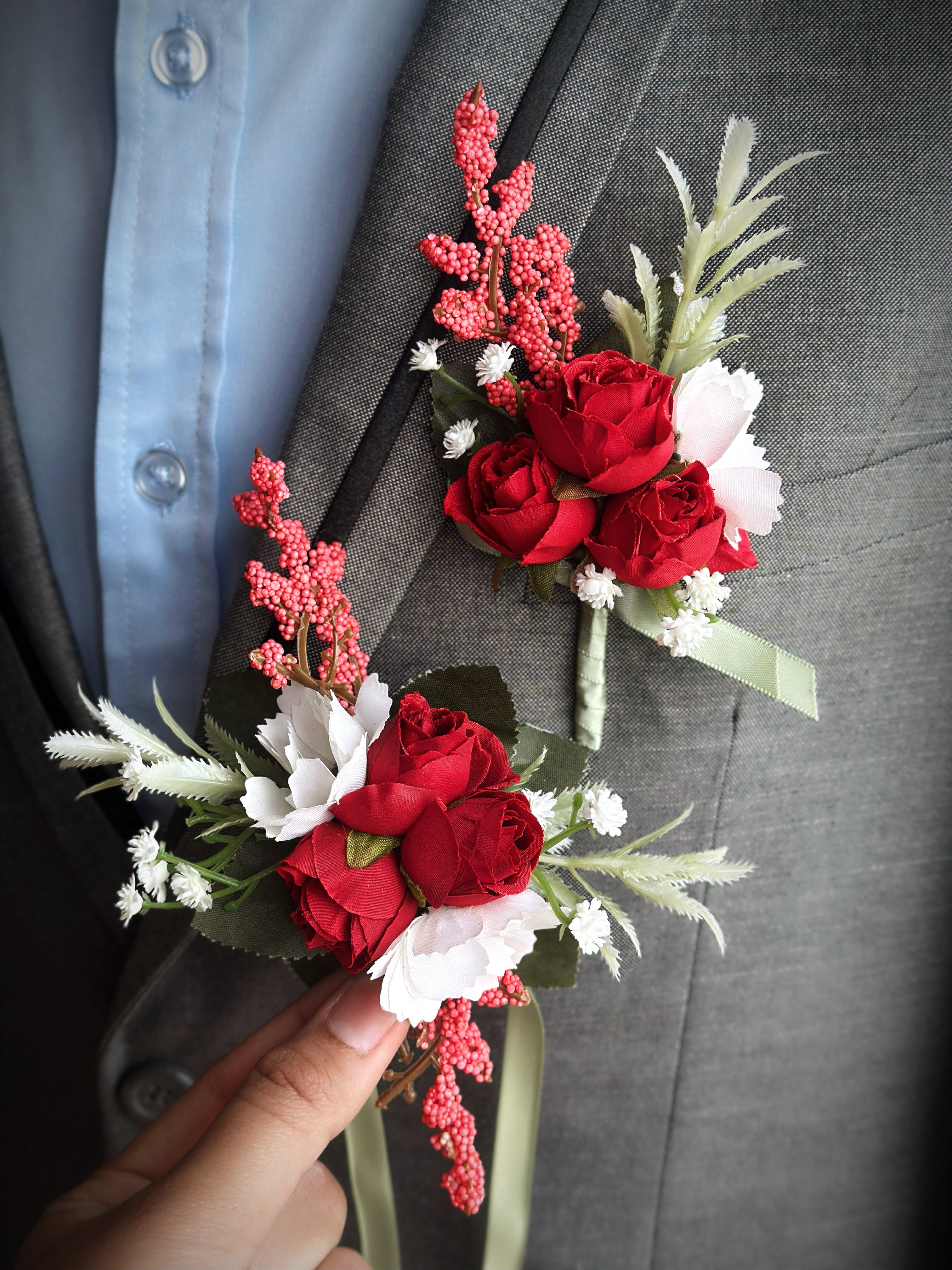 Scarlet Romance Prom Boutonniere & Corsage Set - Masquerade Store Scarlet Romance Prom Boutonniere & Corsage Set - Masquerade Store