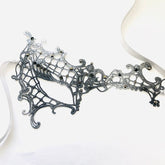 Silver black spiderweb lace masquerade mask with rhinestones, gothic lace eye mask for women, perfect for Halloween costumes, weddings, and masquerade balls.