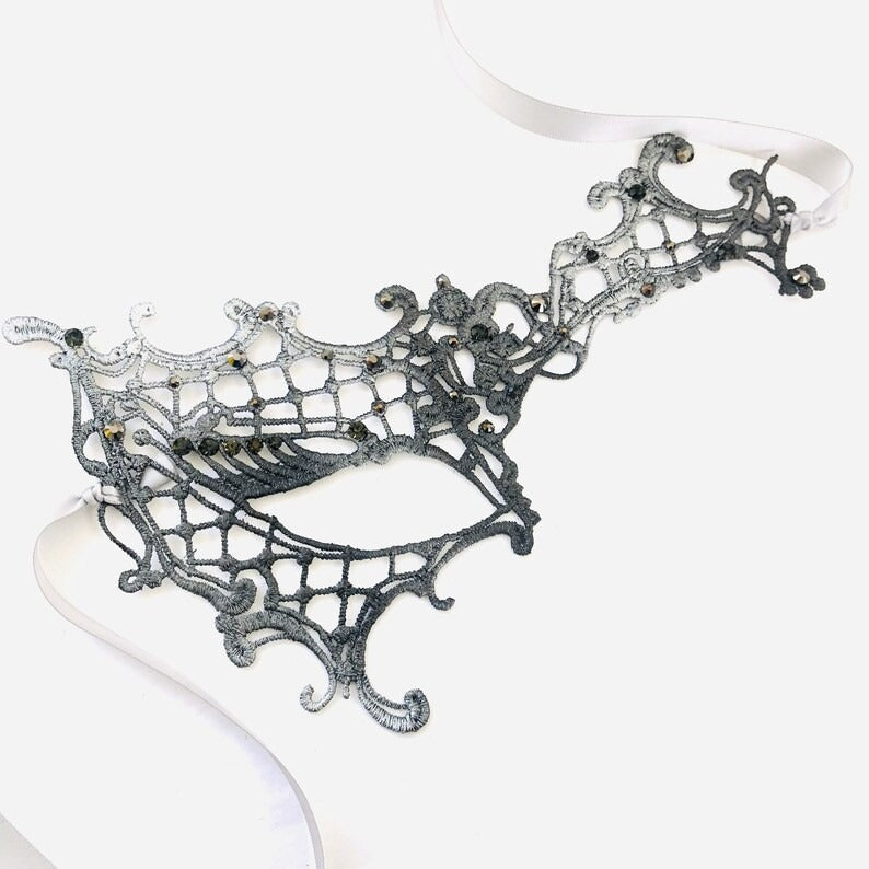 Silver black spiderweb lace masquerade mask with rhinestones, gothic lace eye mask for women, perfect for Halloween costumes, weddings, and masquerade balls.