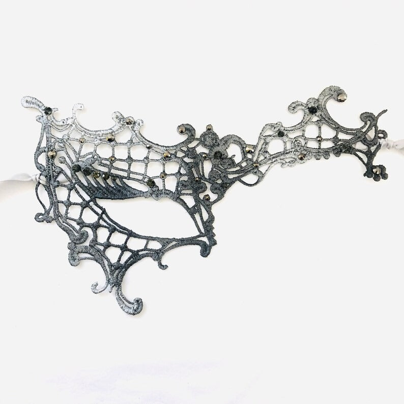 Silver black spiderweb lace masquerade mask with rhinestones, gothic lace eye mask for women, perfect for Halloween costumes, weddings, and masquerade balls.