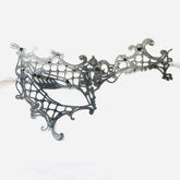 Silver black spiderweb lace masquerade mask with rhinestones, gothic lace eye mask for women, perfect for Halloween costumes, weddings, and masquerade balls.