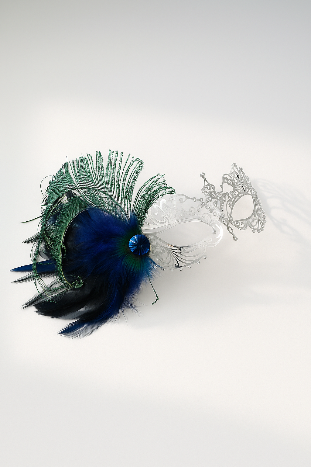 Silver filigree mask with blue and green feathers and jewel accent, designed for masquerade parties, weddings, and proms.