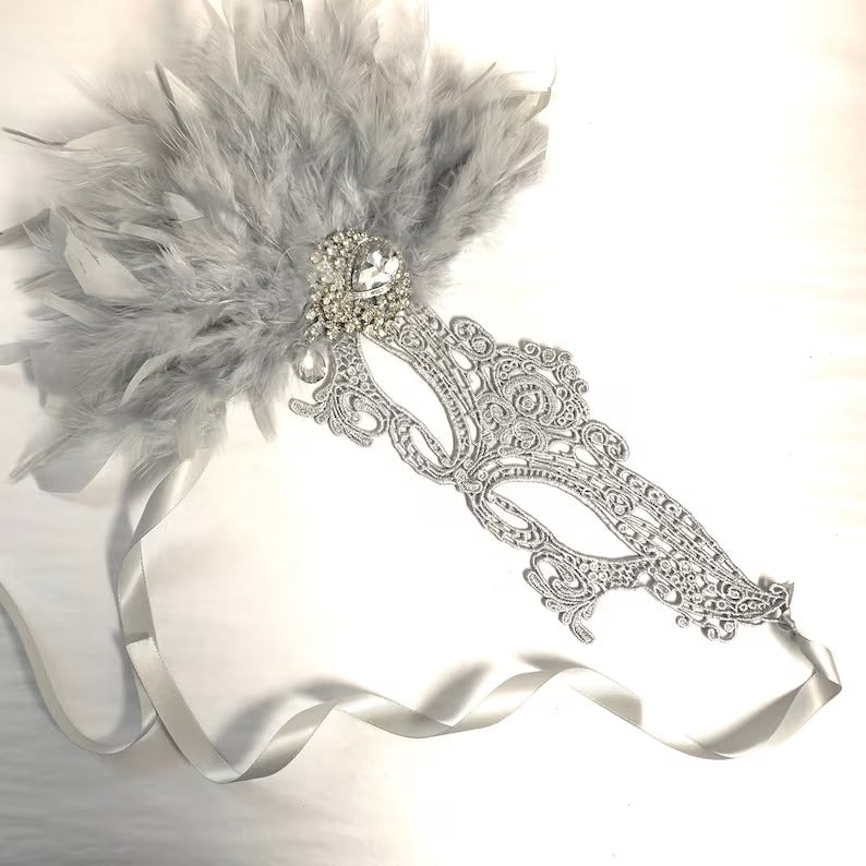 Elegant silver masquerade mask with feathers and rhinestones, Venetian lace design for women’s events and parties.