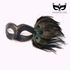 A women’s black glitter mask with peacock feathers.