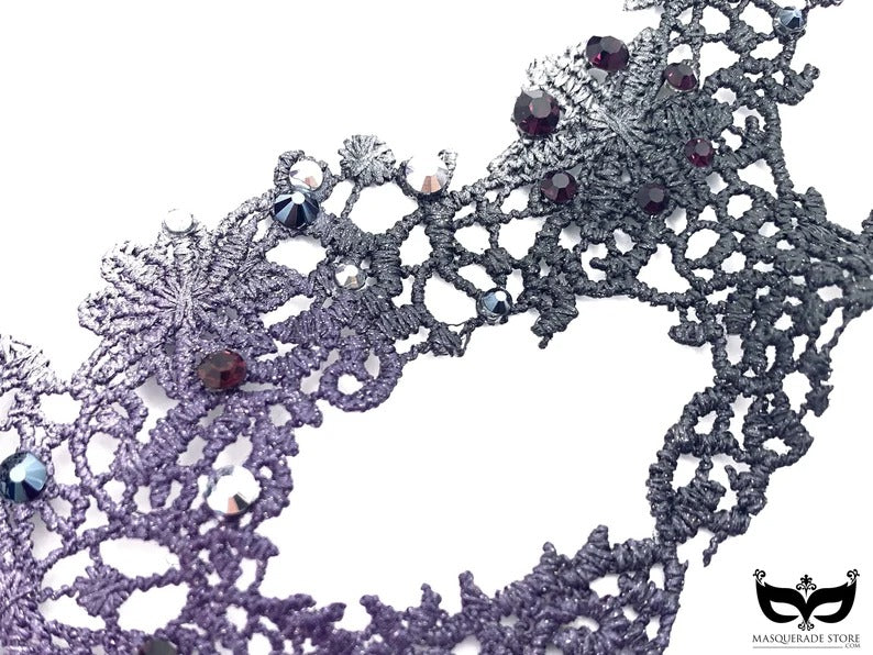 Silver lace masquerade mask with crystal details and purple ribbon ties, elegant Venetian mask for prom, weddings, parties, and Halloween.