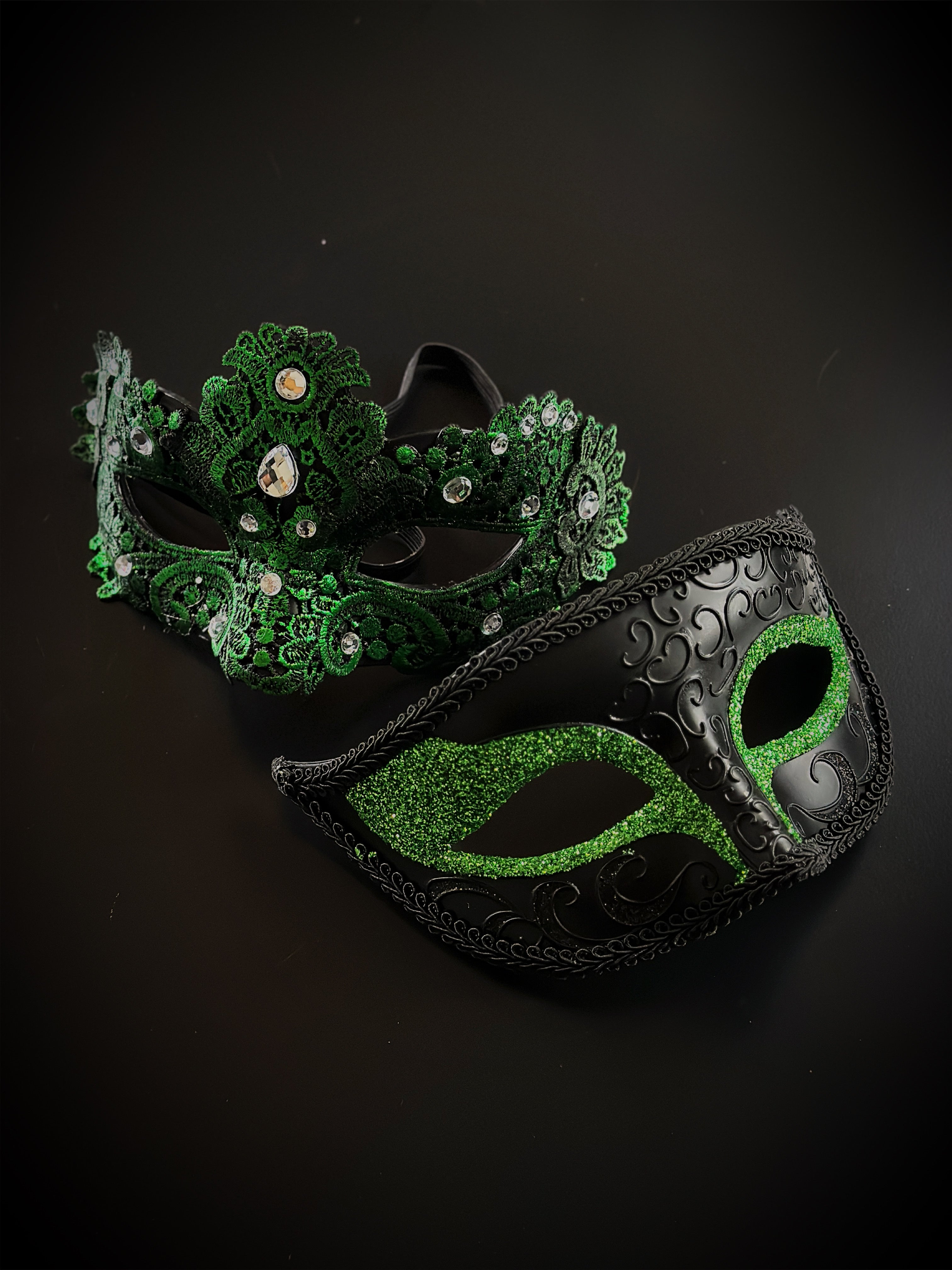 Black and green couples masquerade mask set with glitter and lace accents