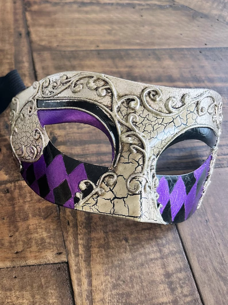 Purple and silver Harlequin Venetian masquerade mask for men, half-face Carnival mask.