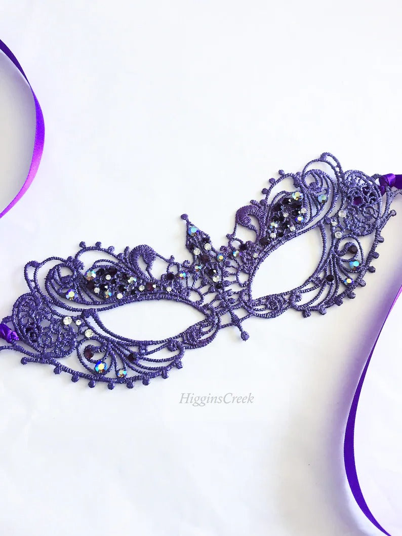 Violet lace masquerade mask with rhinestones, Venetian lace mask for women with satin ties, perfect for masquerade ball, prom, wedding, and Halloween.