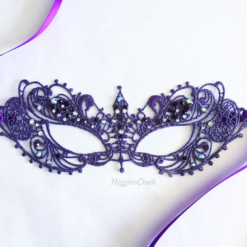 Violet lace masquerade mask with rhinestones, Venetian lace mask for women with satin ties, perfect for masquerade ball, prom, wedding, and Halloween.