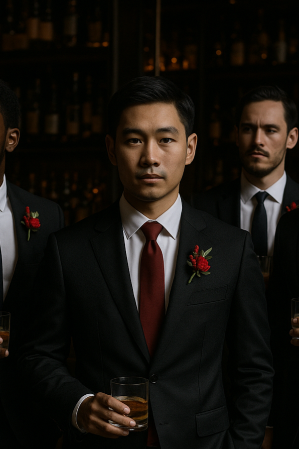 Red, white, and
green boutonniere set with greenery and ribbon for groom and groomsmen.