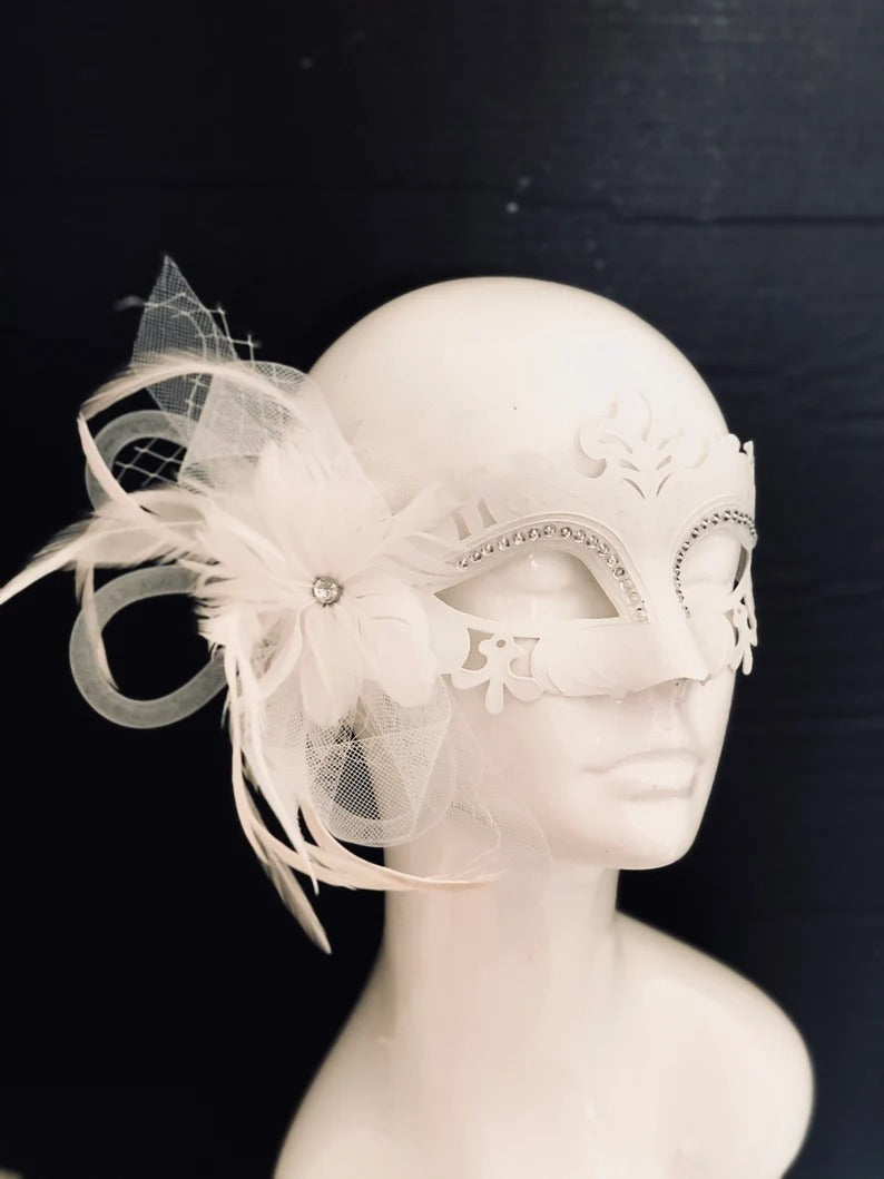 Elegant white masquerade mask with feathers and rhinestones, Venetian-inspired party mask for weddings and balls.