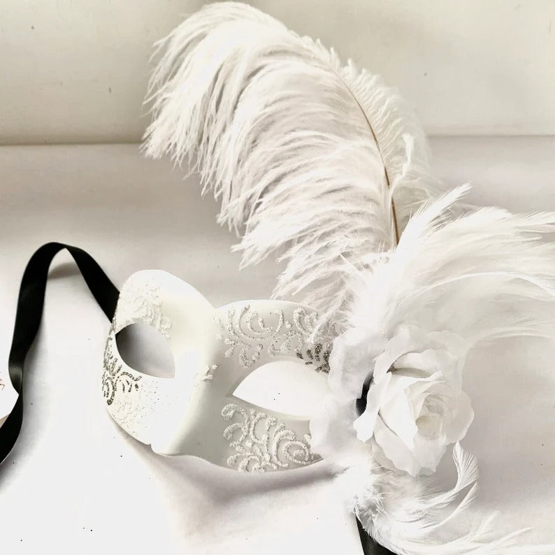 Elegant white masquerade mask with feathers and rose accent, Venetian style party mask for weddings and proms.