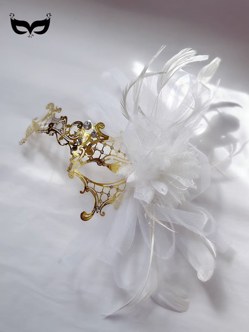 Elegant white and gold masquerade mask with feathers, ribbons, and rhinestones, perfect for weddings, Venetian balls, and proms.