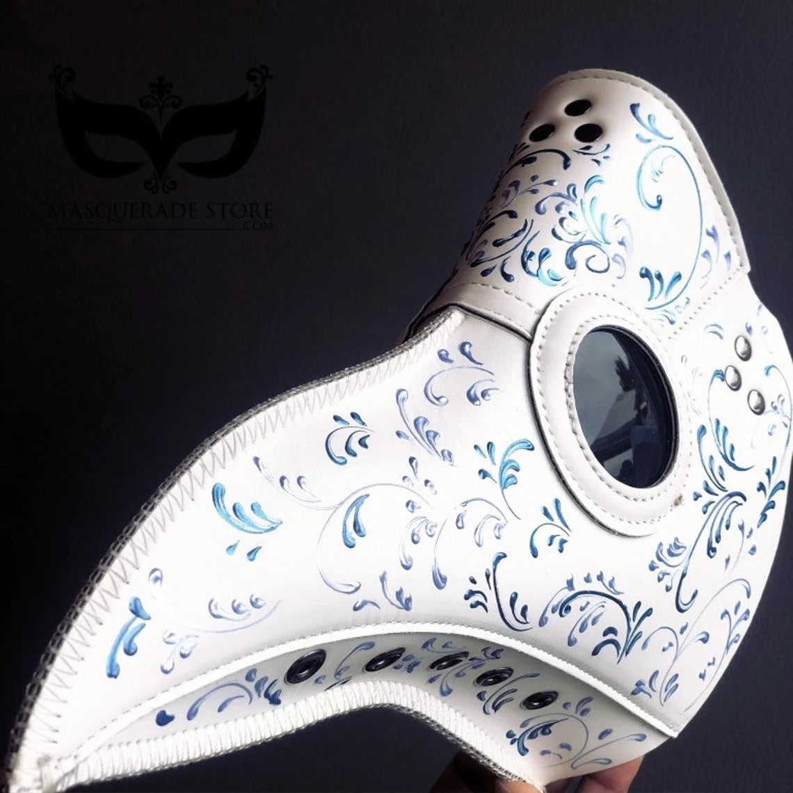 White plague mask with blue shades filigree detailing, perfect for Halloween or masquerade events.