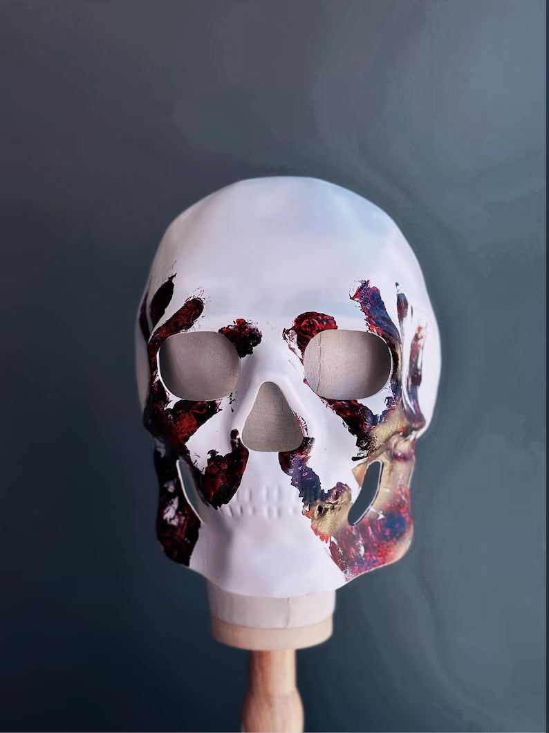 White and red skull masquerade mask for men, gothic Halloween costume mask.