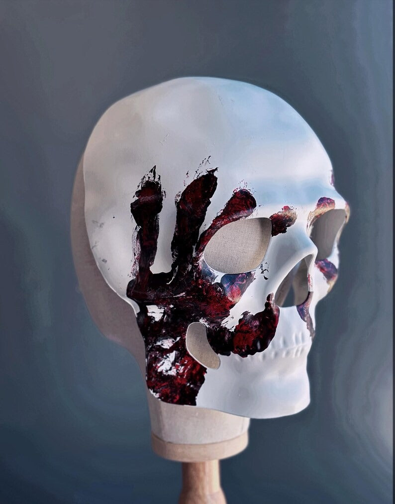 White and red skull masquerade mask for men, gothic Halloween costume mask.