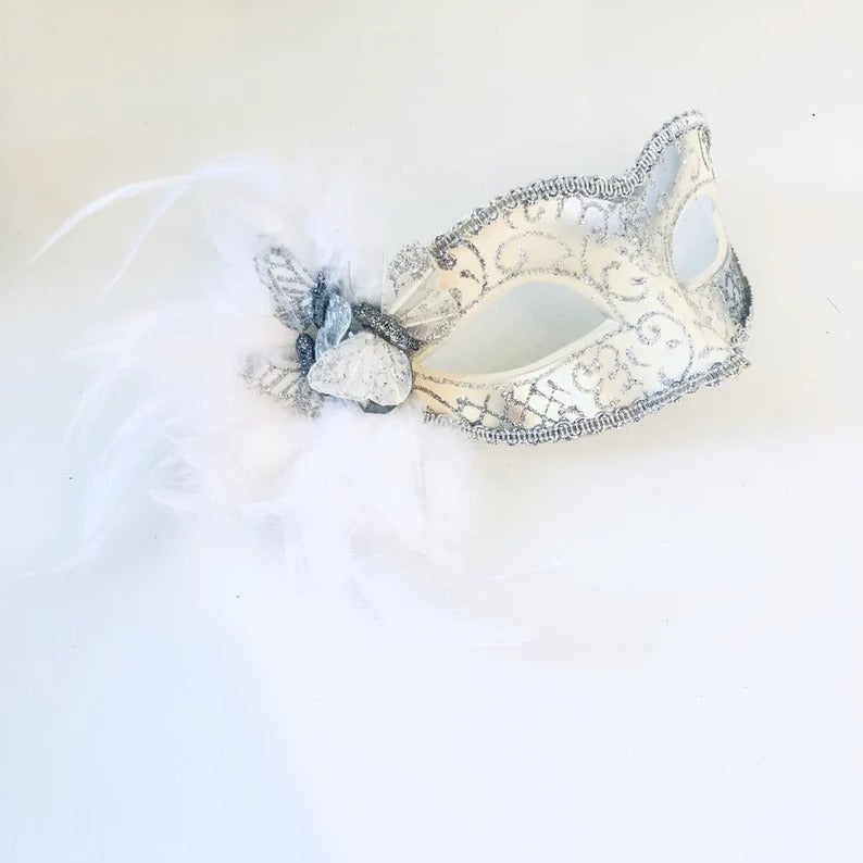 Elegant white and silver masquerade mask with feathers and glitter, Venetian party mask for weddings and proms.