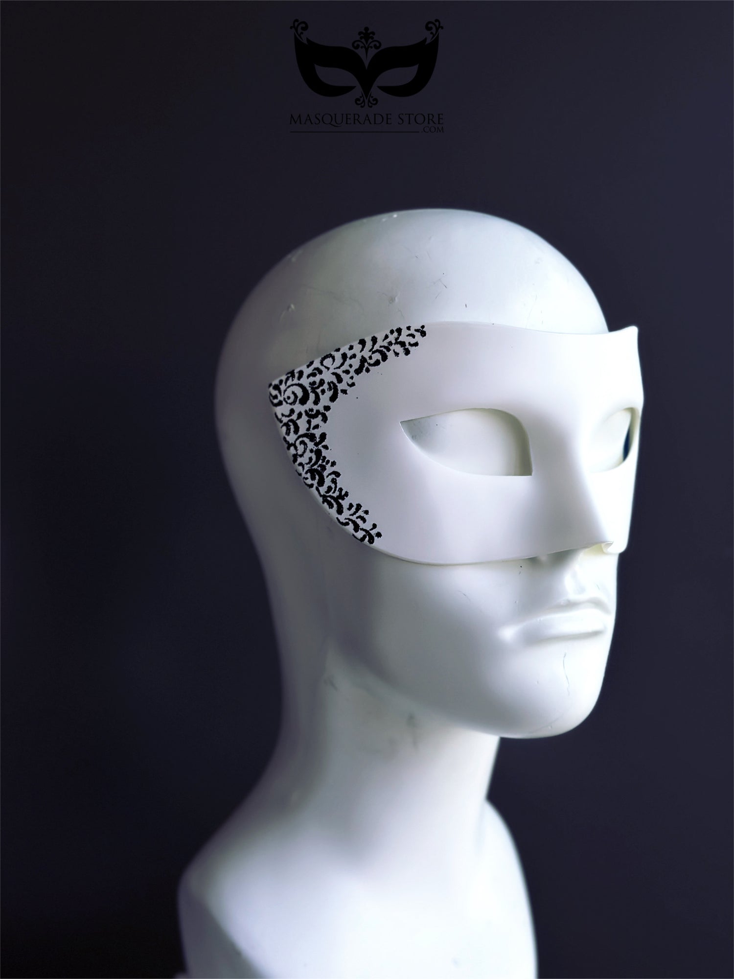 Men’s white masquerade mask with black filigree design, Venetian style for formal or costume events