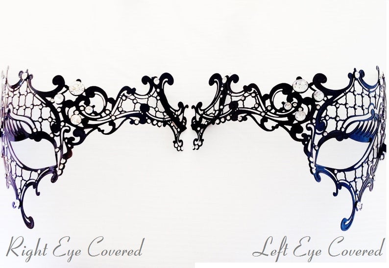 Lightweight black party mask with intricate metal detailing