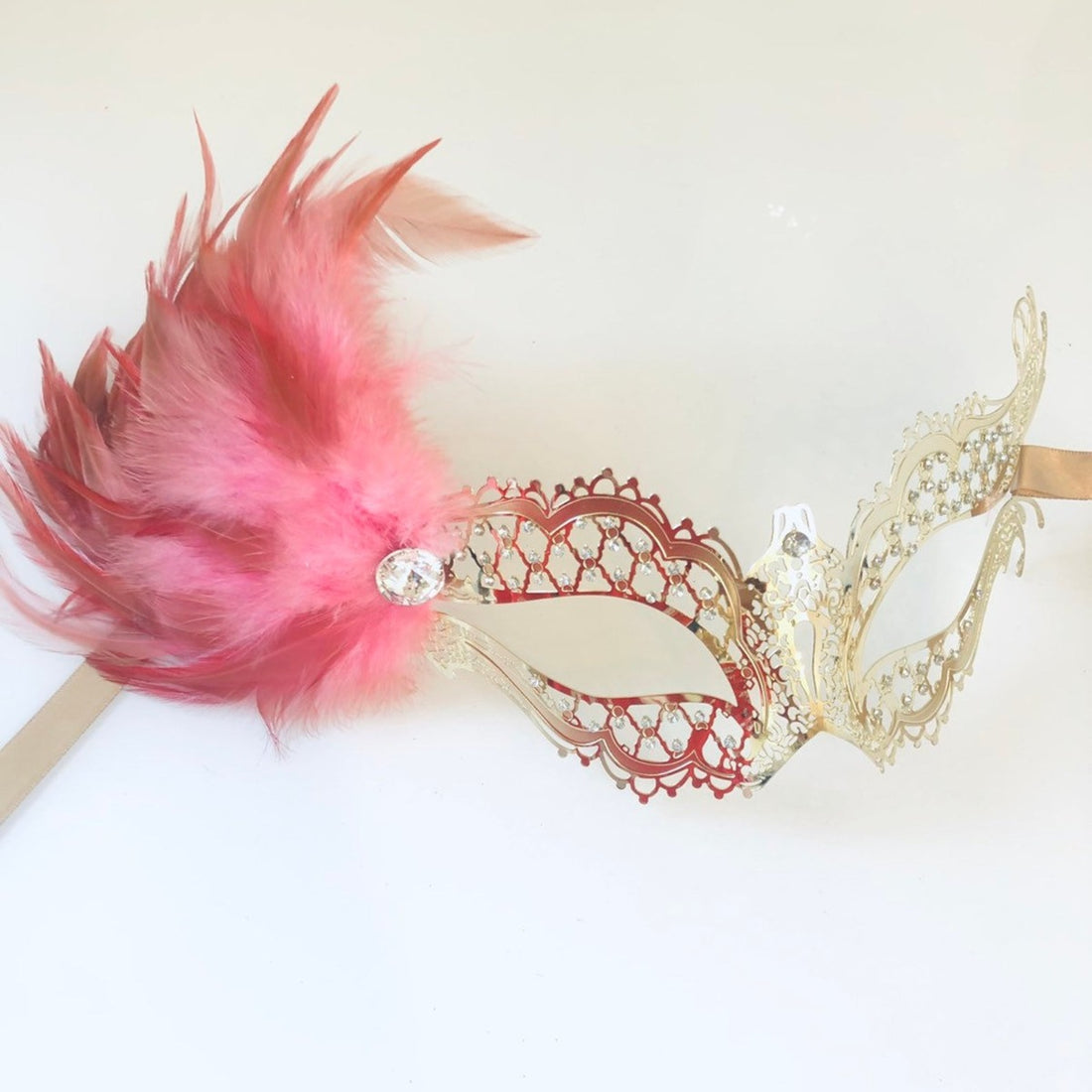 Katherine Mask - Gold with Pink Feathers