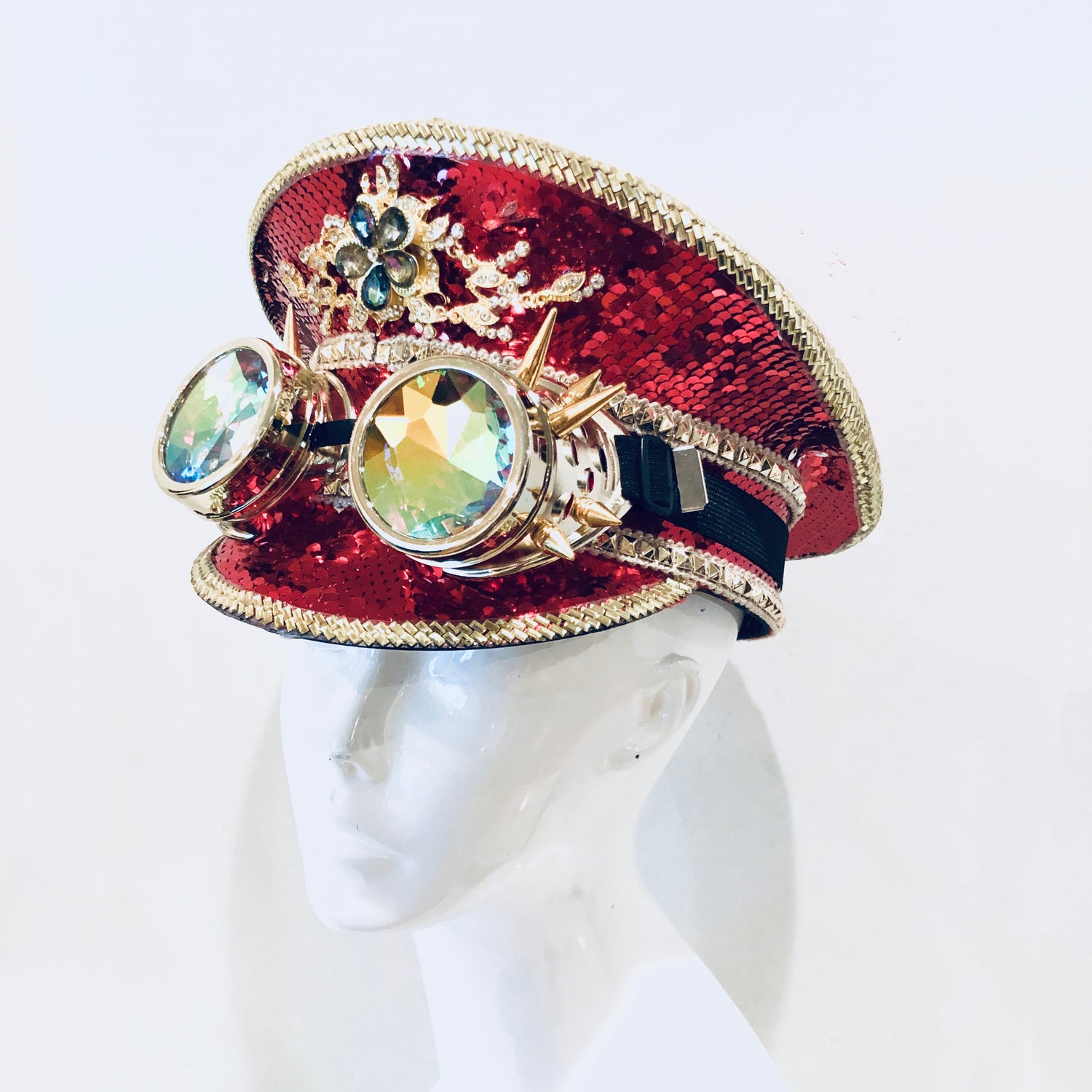 Sequin Captain Hat With Spike Goggles Red Gold