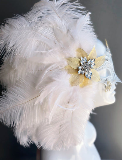 Luxury Feather Mask - White/Gold