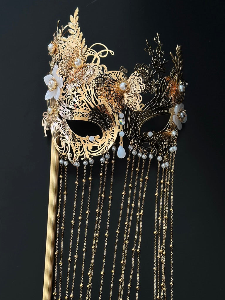 Gold Butterfly Masquerade Mask with Pearl Chain Fringe
