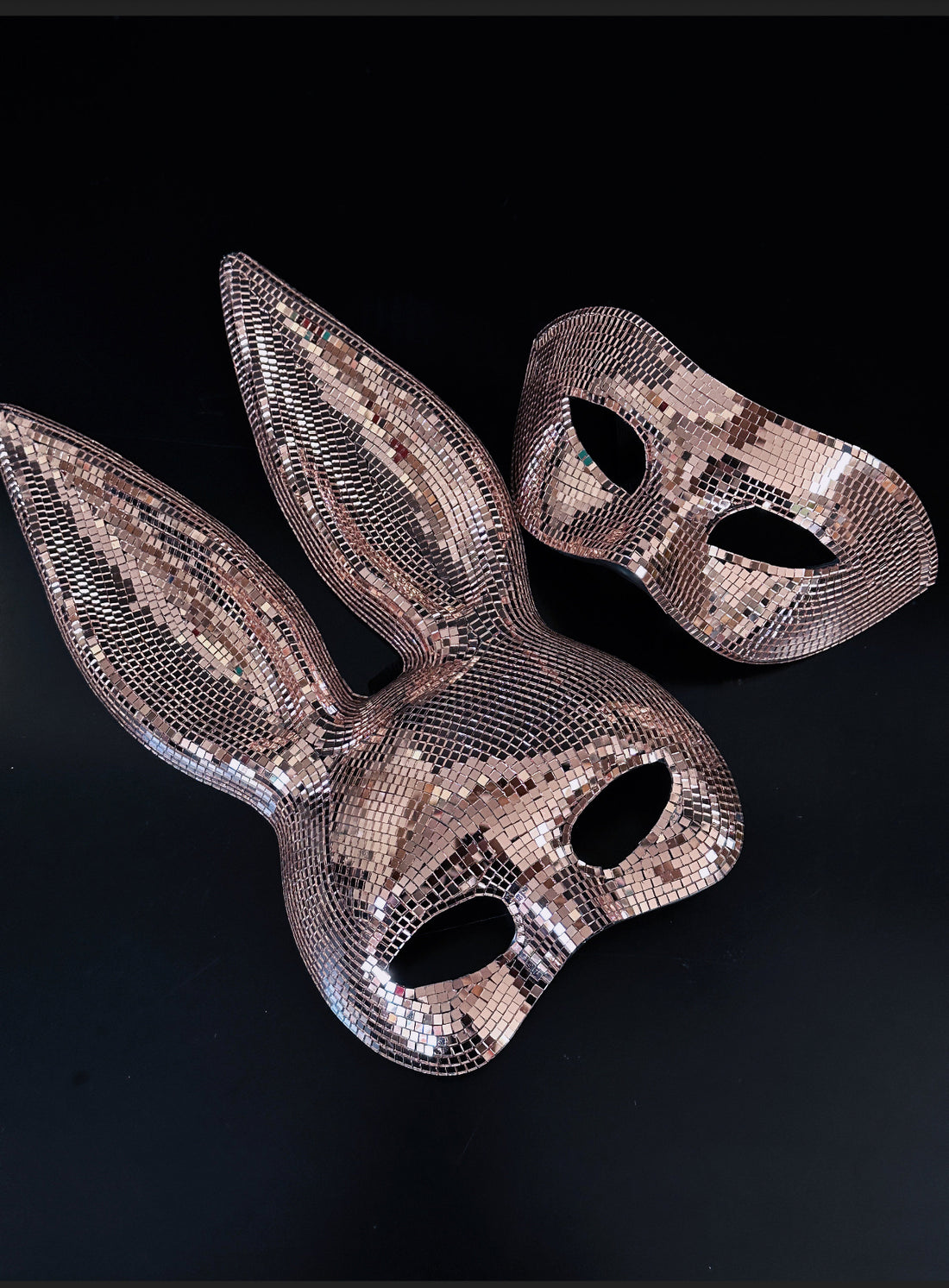 Couples disco ball masquerade masks in rose gold.