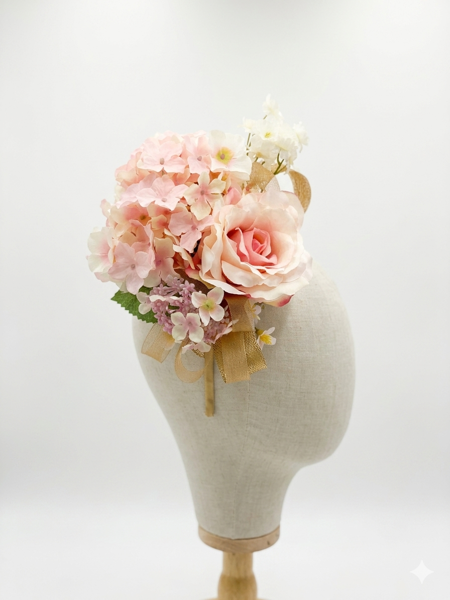 Blush Rose and Hydrangea Fascinator - Pink