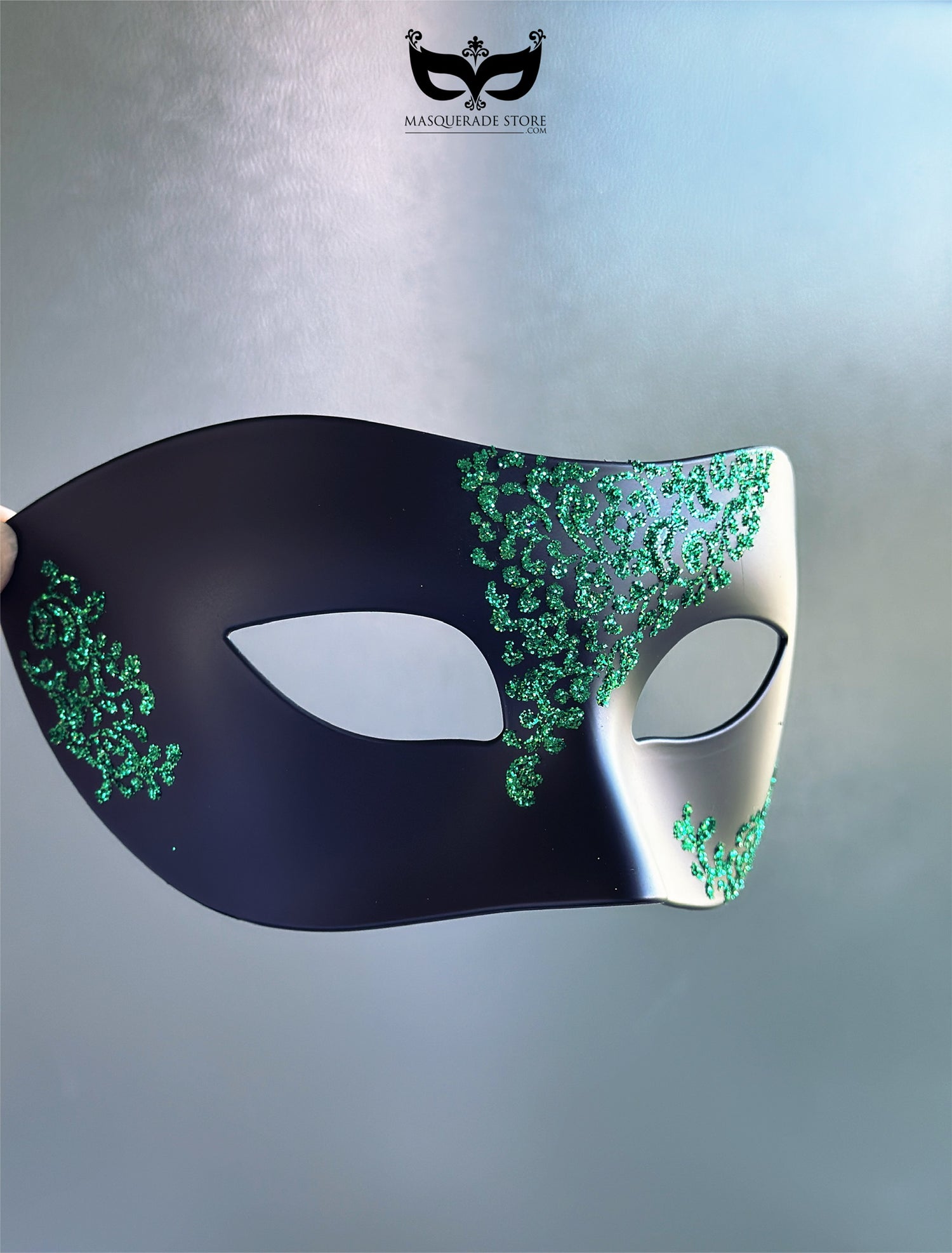 Mens Black Mask with Green Filigree