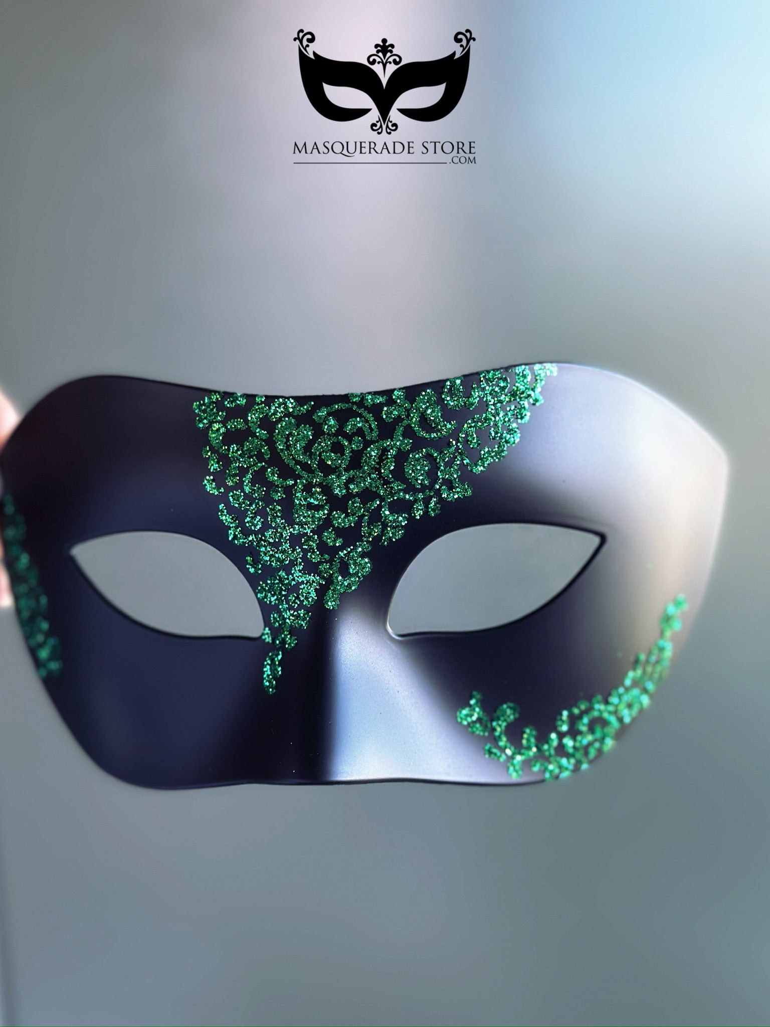 Mens Black Mask with Green Filigree