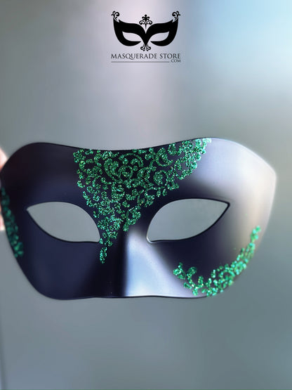 Mens Black Mask with Green Filigree