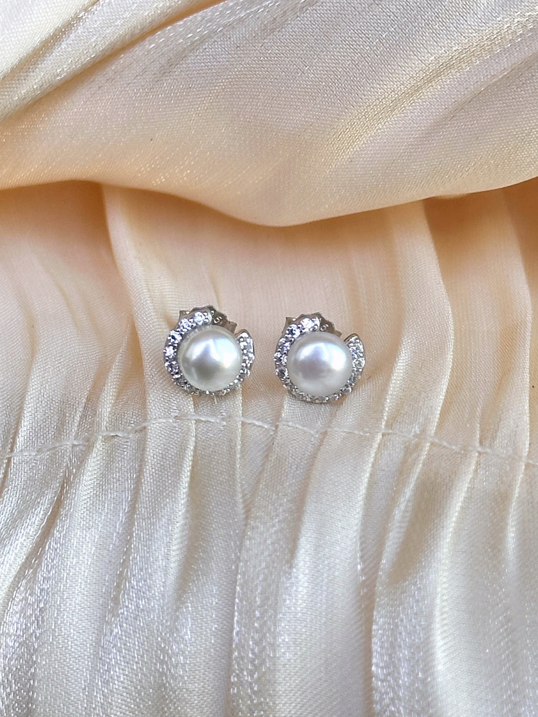 Ethereal Crescent Pearl Stud Earrings