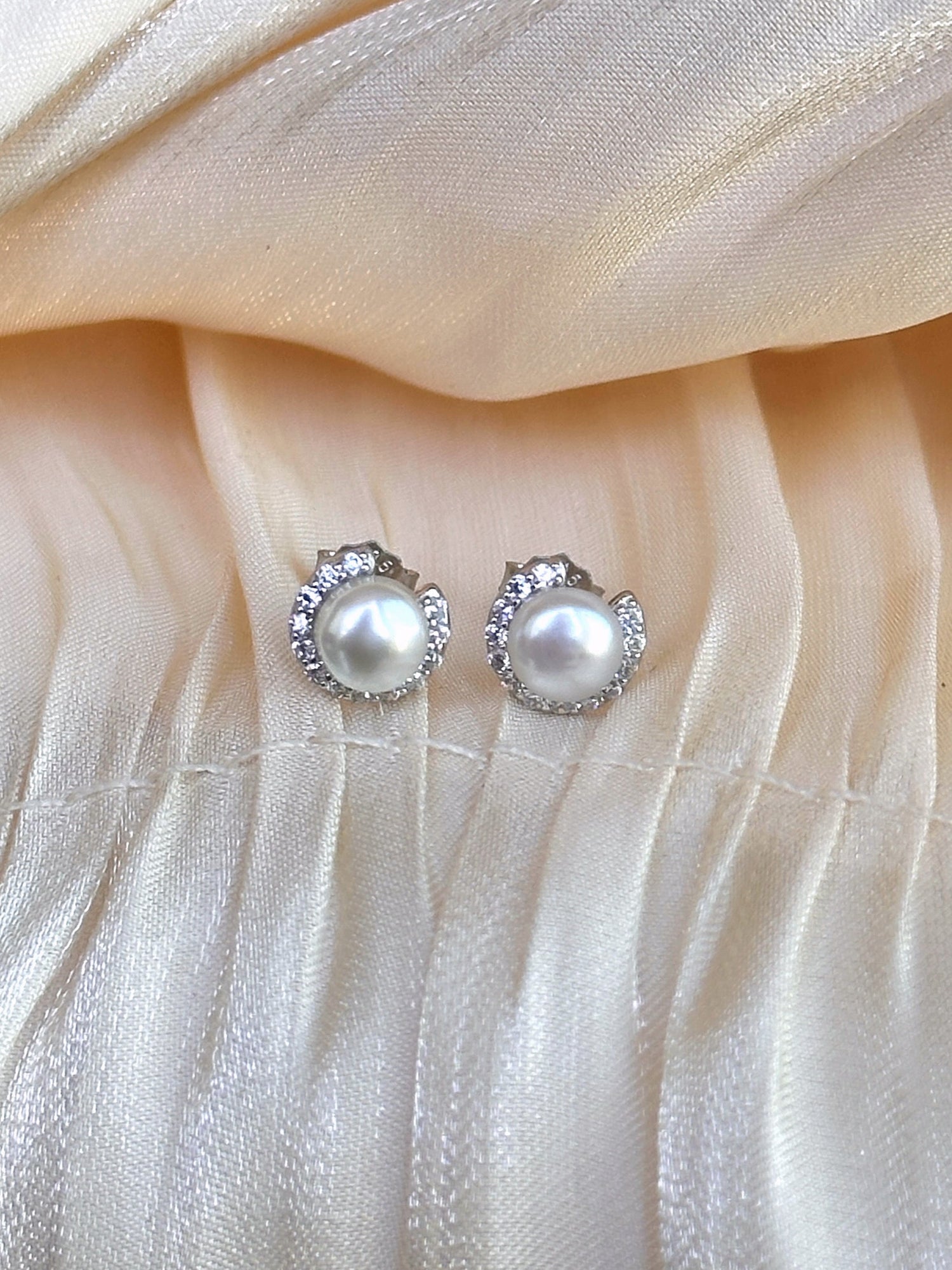 Ethereal Crescent Pearl Stud Earrings